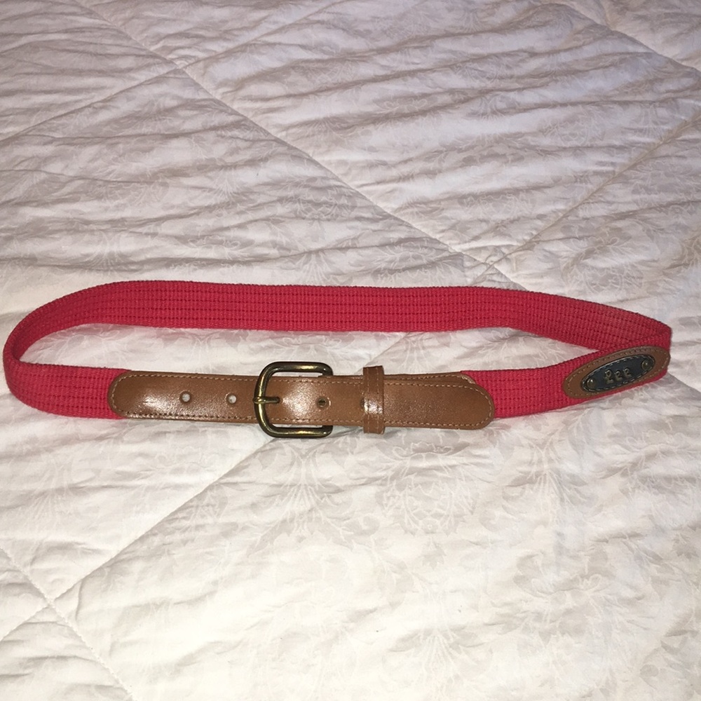 Vintage LEE red woven rodeo cotton tan leather western lee logo belt 26-29”